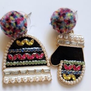 NWOT Sugarfix by Bauble Bar Black Multicolor Pom & Beaded Winter Earrings